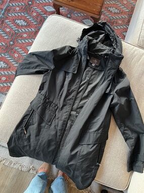 Cole Haan long black rain jacket, Size M